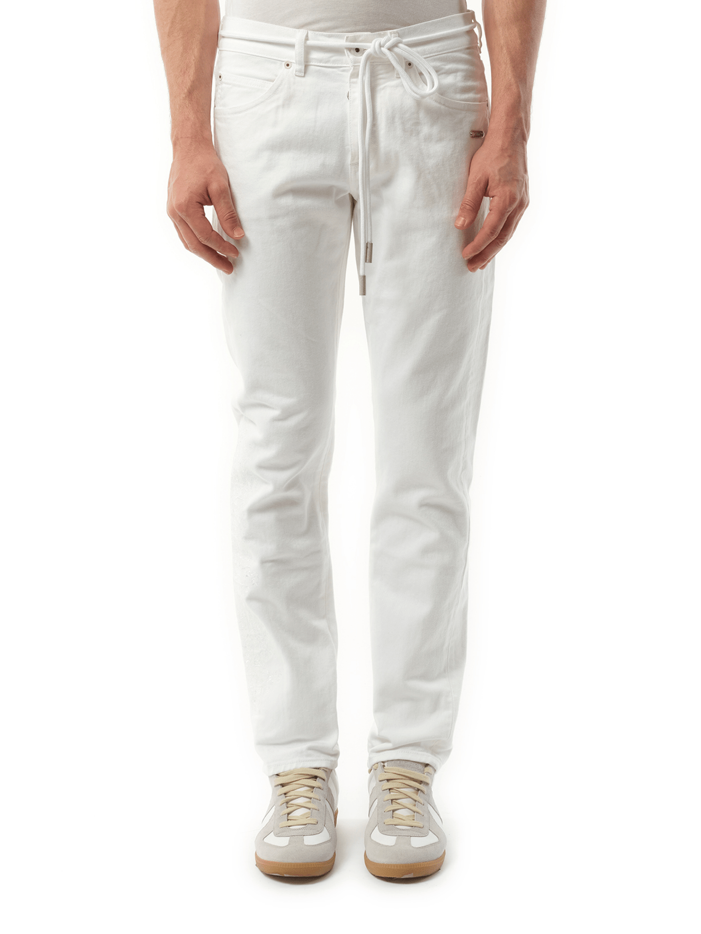 Image of a model wearing Denim. Productname: OFF-WHITE Slim Back Dart Jeans in WHITE colour by brand - OFF-WHITE