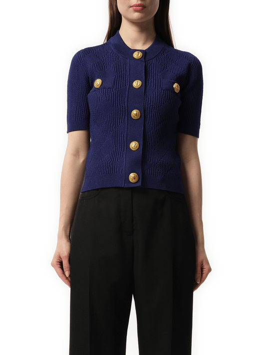 Image of a model wearing Outerwear. Productname: BALMAIN Buttoned 2 Pockets Vichy Knit Cardigan in Midnight Blue colour by brand - BALMAIN
