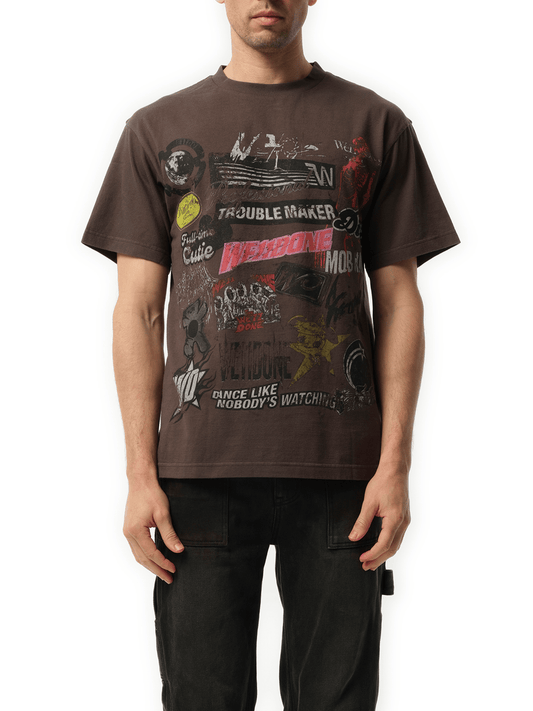 Image of a model wearing Tops. Productname: WE11DONE Vintage Collage T-Shirt in BLACK colour by brand - WE11DONE