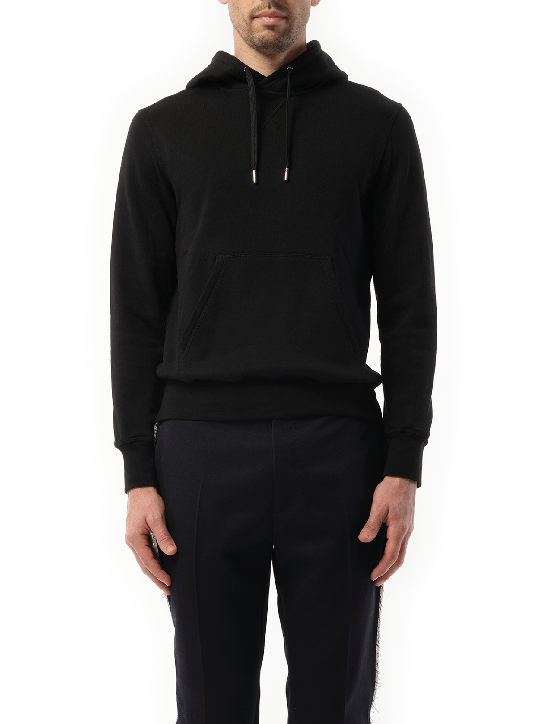 Image of a model wearing Outerwear. Productname: ALEXANDER MCQUEEN Organic B Sweatshirt in BLACK colour by brand - ALEXANDER MCQUEEN