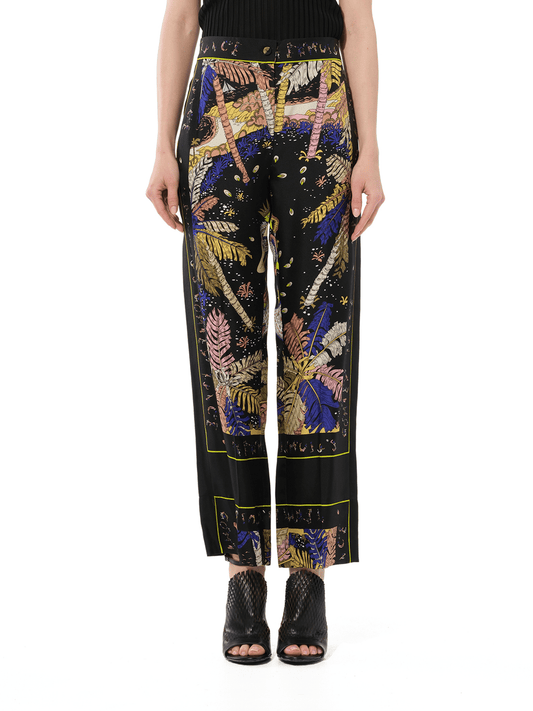 Image of a model wearing Pants. Productname: PUCCI Print Palm Trousers in Black Yellow colour by brand - PUCCI