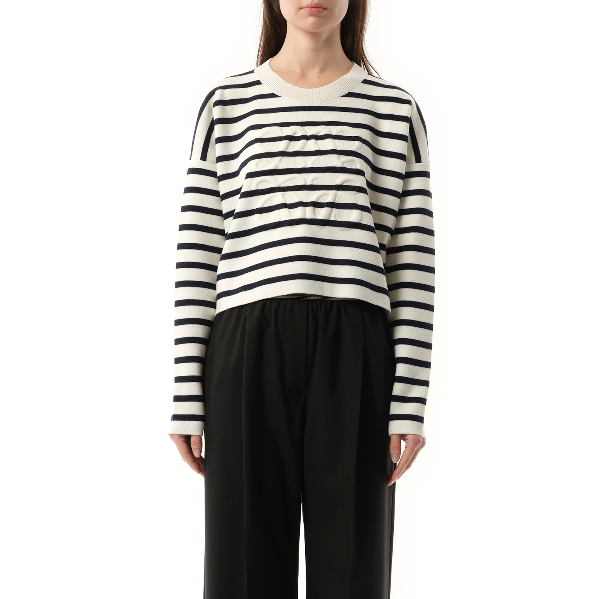 Image of a model wearing Outerwear. Productname: LOEWE Anagram Sweater in WHITE colour by brand - LOEWE