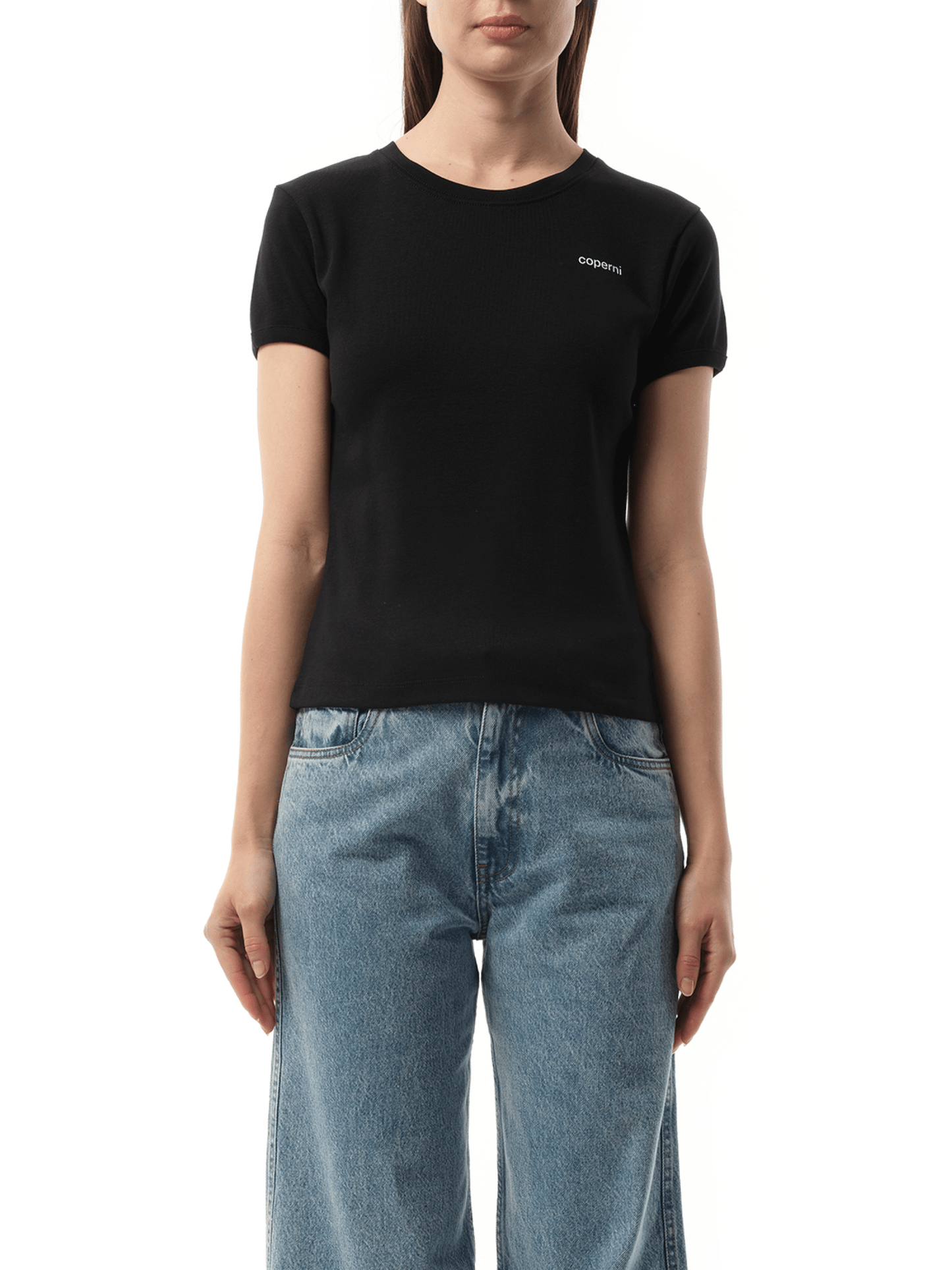 Image of a model wearing Tops. Productname: COPERNI Logo Slim Fit T-Shirt in BLACK colour by brand - COPERNI