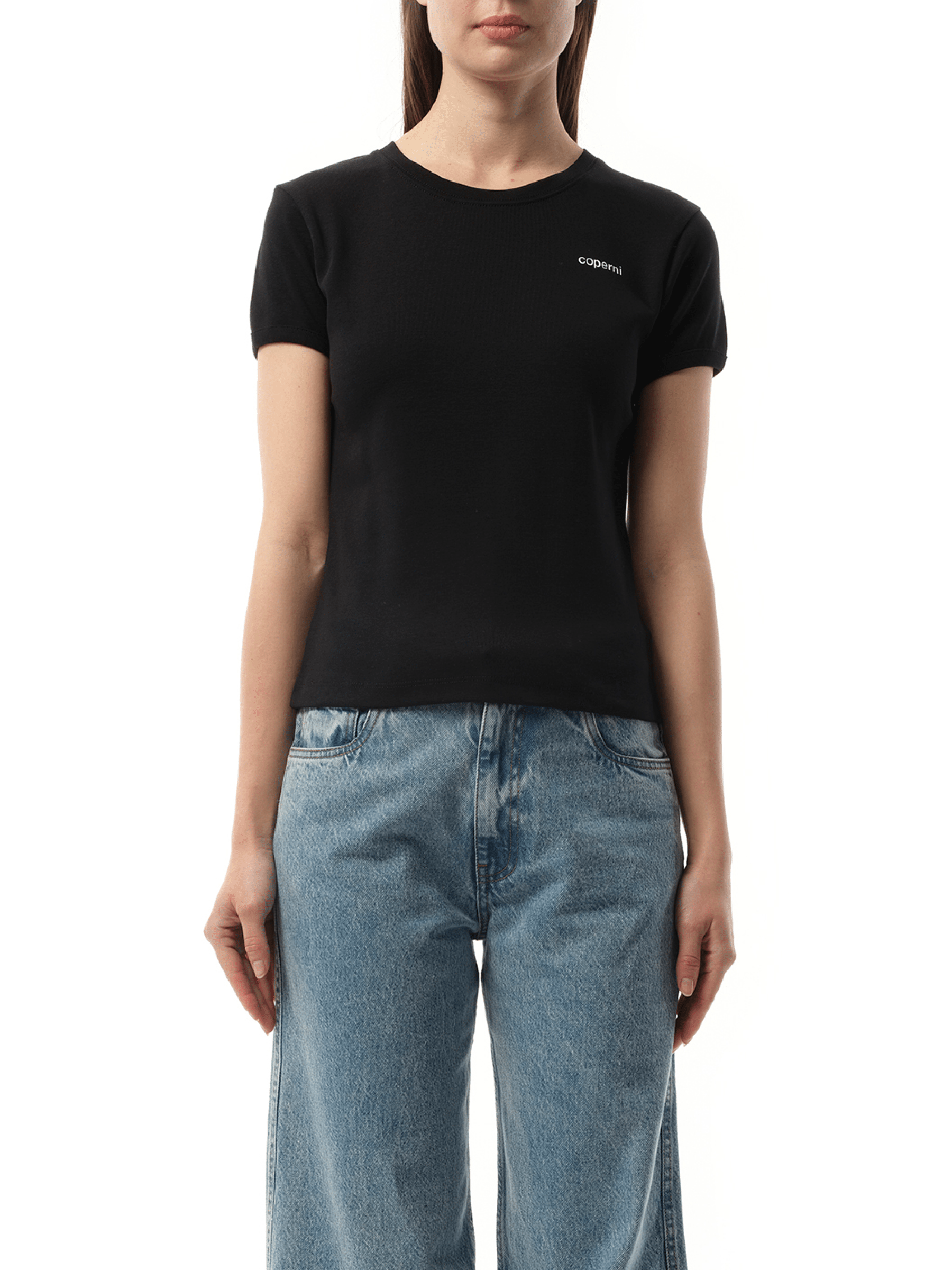 Image of a model wearing Tops. Productname: COPERNI Logo Slim Fit T-Shirt in BLACK colour by brand - COPERNI