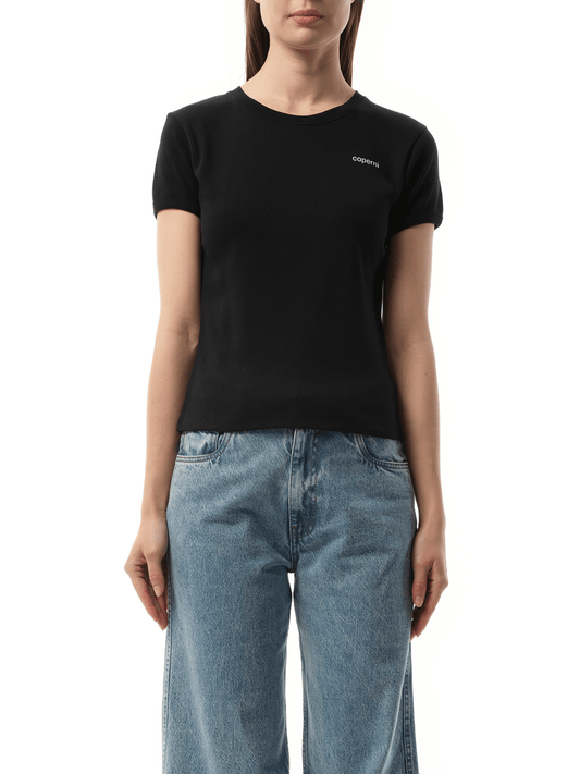 Image of a model wearing Tops. Productname: COPERNI Logo Slim Fit T-Shirt in BLACK colour by brand - COPERNI