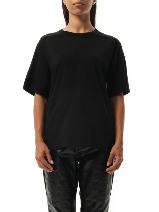 Image of a model wearing Tops. Productname: RICK OWENS Brad T-Shirt in Black colour by brand - RICK OWENS