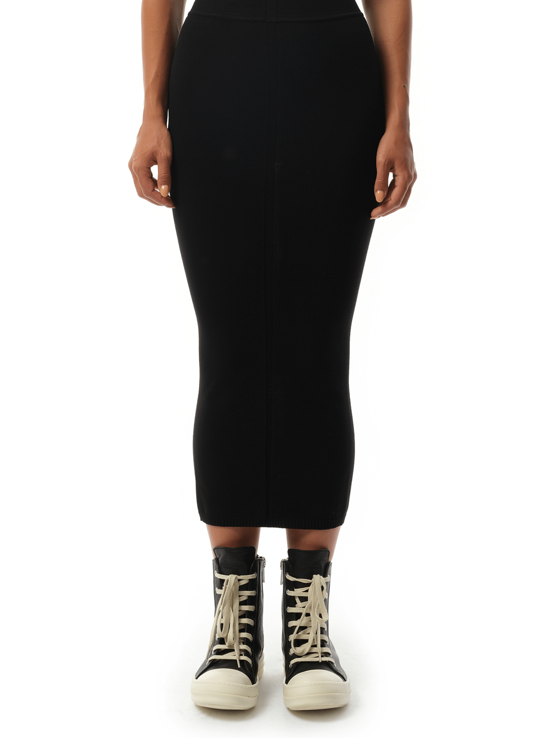 Image of a model wearing Skirts. Productname: RICK OWENS Calf Skirt in Black colour by brand - RICK OWENS