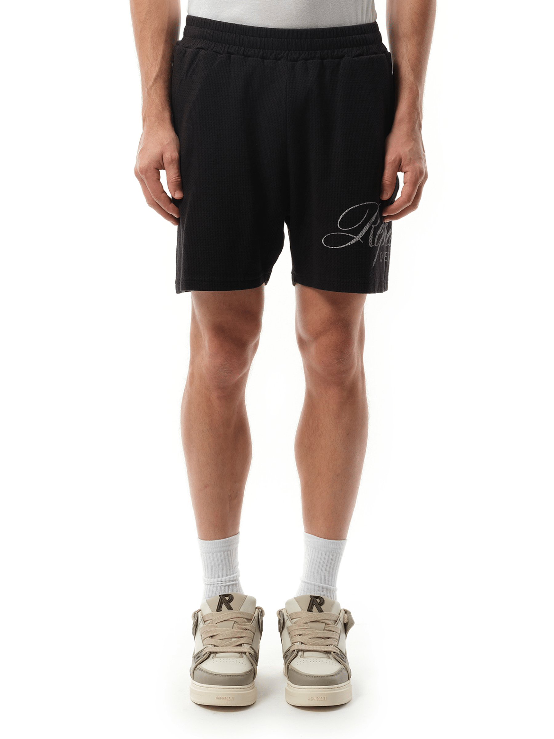 Image of a model wearing Shorts. Productname: Represent Owners Club Script Mesh Shorts in Black colour by brand - REPRESENT