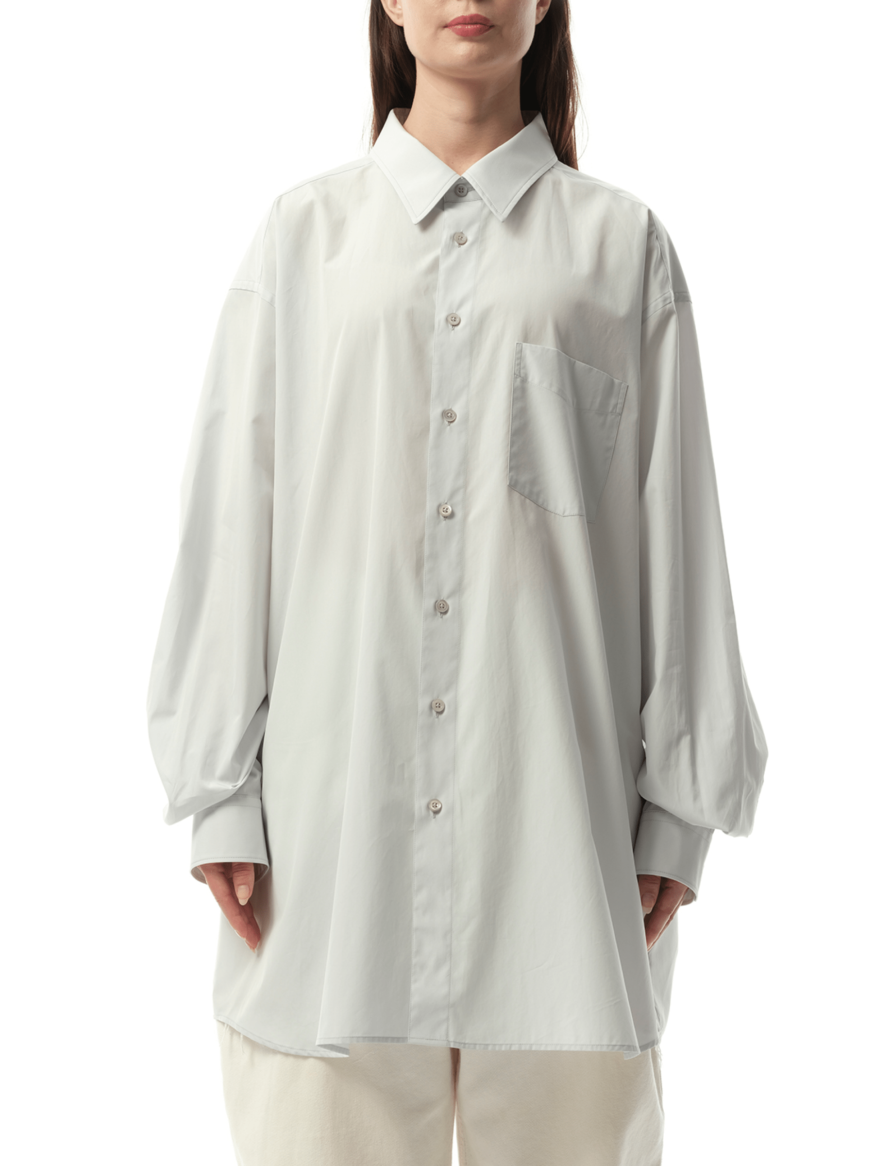 Image of a model wearing Tops. Productname: MAISON MARGIELA Long-sleeved Shirt in Light Blue colour by brand - MAISON MARGIELA
