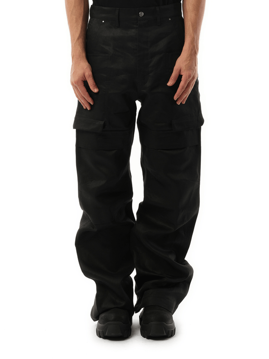 Image of a model wearing Pants. Productname: RICK OWENS Stefan Cargo in BLACK colour by brand - RICK OWENS