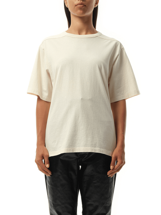 Image of a model wearing Tops. Productname: RICK OWENS Brad T-Shirt in Natural colour by brand - RICK OWENS