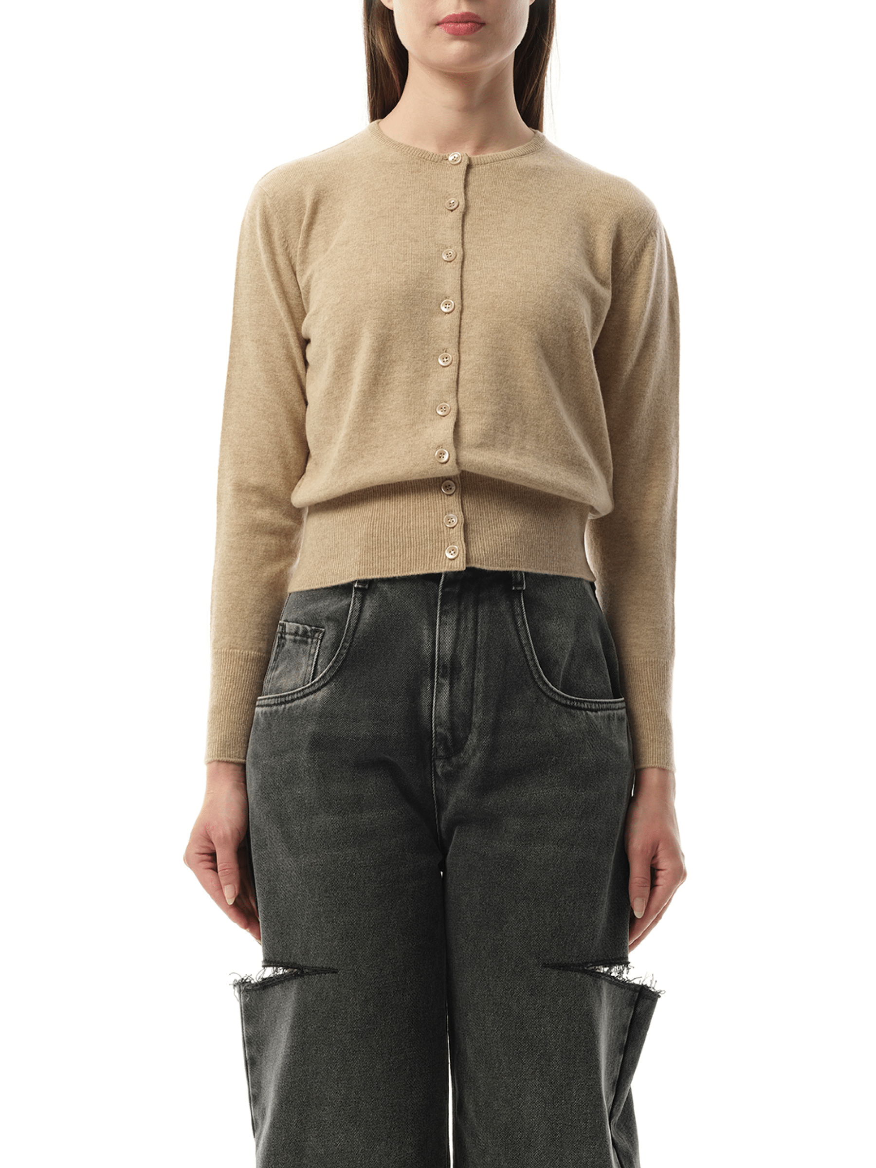 Image of a model wearing Outerwear. Productname: MAISON MARGIELA Virgin Wool Cardigan in Walnut colour by brand - MAISON MARGIELA