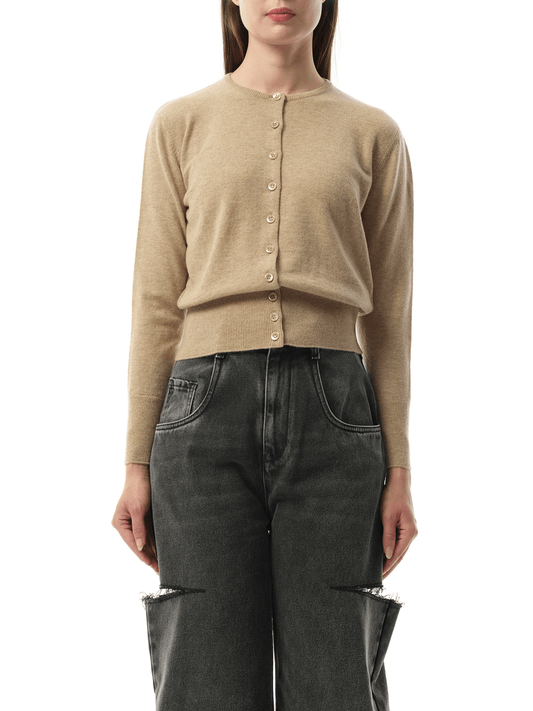 Image of a model wearing Outerwear. Productname: MAISON MARGIELA Virgin Wool Cardigan in Walnut colour by brand - MAISON MARGIELA