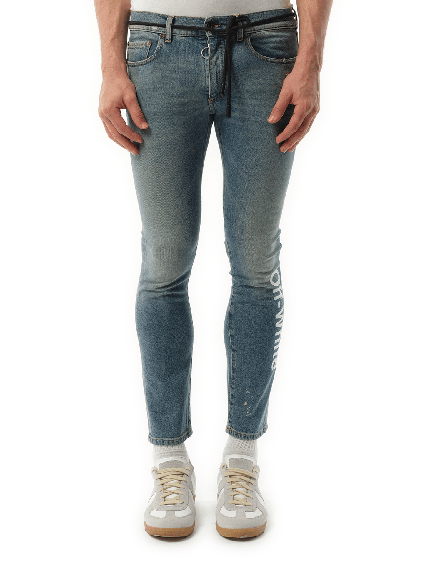 Image of a model wearing Denim. Productname: OFF-WHITE Skinny Denim Jeans in BLUE colour by brand - OFF-WHITE