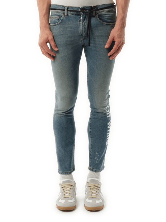 Image of a model wearing Denim. Productname: OFF-WHITE Skinny Denim Jeans in BLUE colour by brand - OFF-WHITE