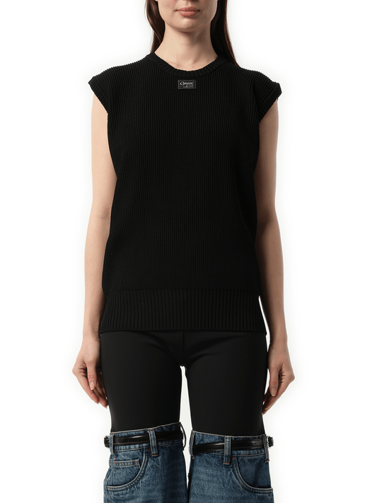 Image of a model wearing Tops. Productname: COPERNI Knitted Sleeveless Top in Black colour by brand - COPERNI