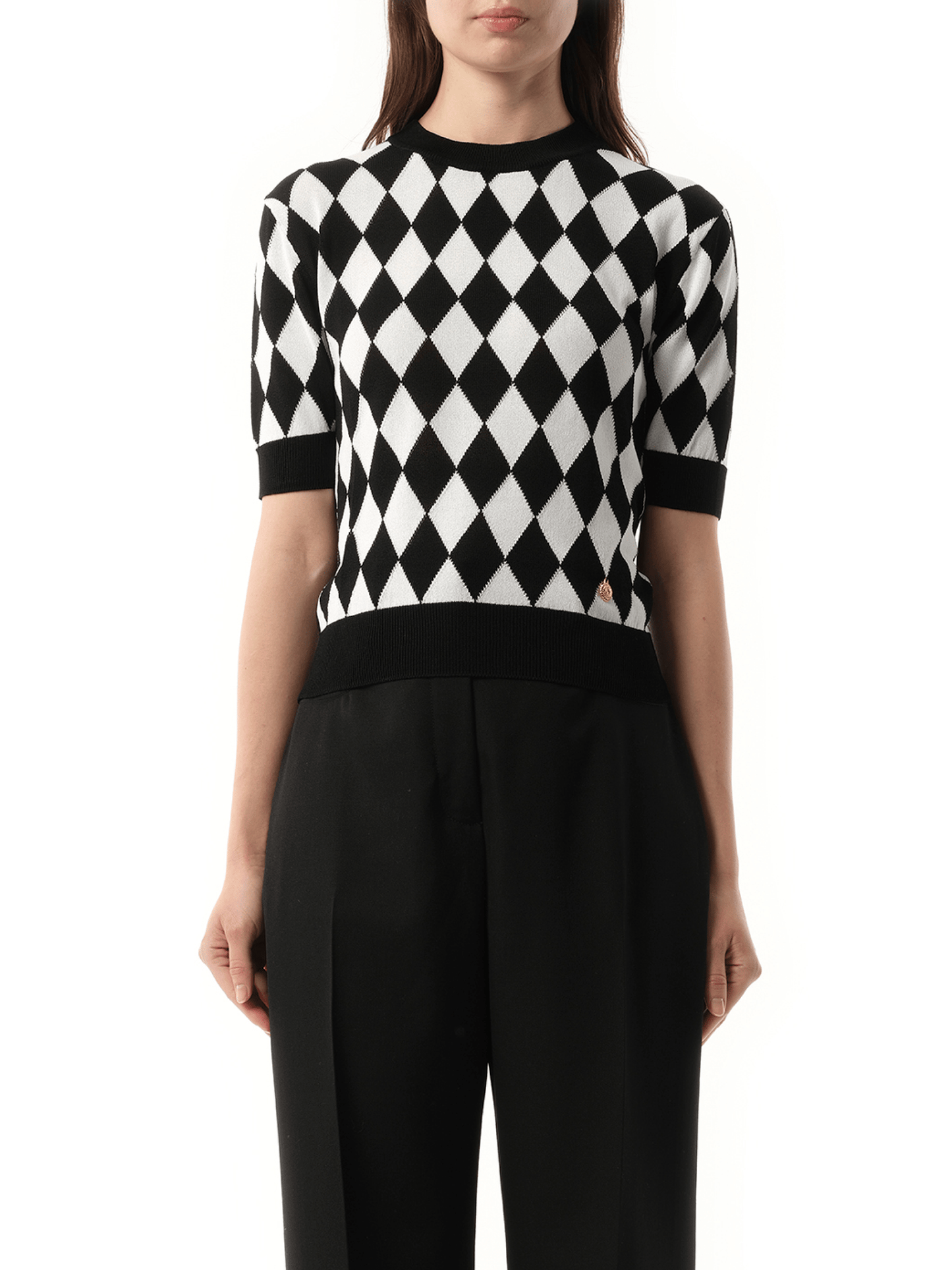 Image of a model wearing Tops. Productname: BALMAIN Short Sleeve Diamond Intarsia Knit Top in BLACK colour by brand - BALMAIN