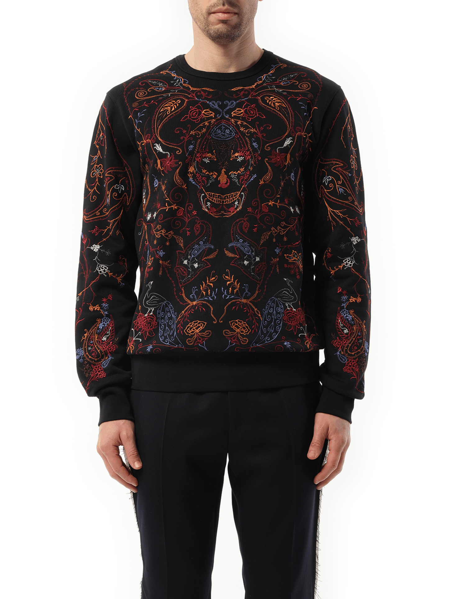 Image of a model wearing Outerwear. Productname: ALEXANDER MCQUEEN Victorian Emb Sweatshirt in BLACK colour by brand - ALEXANDER MCQUEEN