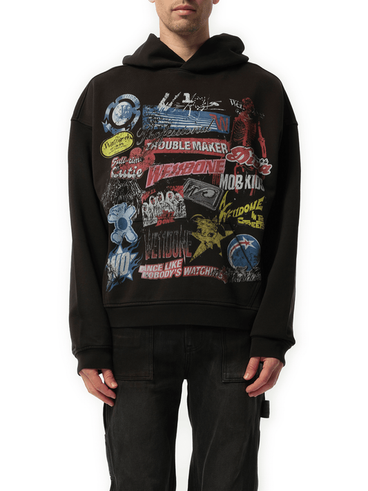 Image of a model wearing Outerwear. Productname: WE11DONE Vintage Collage Hoodie in BLACK colour by brand - WE11DONE