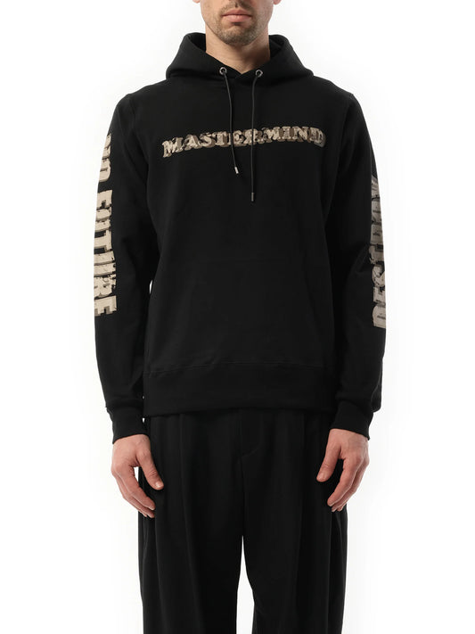 Image of a model wearing Outerwear. Product name - Hoodie in Black colour by brand - MASTERMIND
