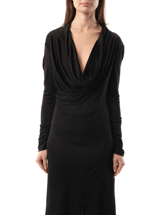 Image of a model wearing Dress. Productname: HELMUT LANG Cowl Liquid Dress in Black colour by brand - HELMUT LANG