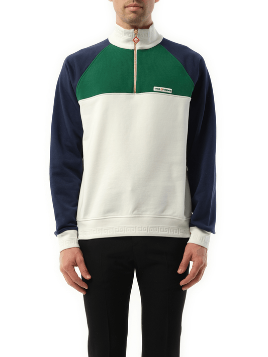 Image of a model wearing Outerwear. Productname: CASABLANCA Quarter Zip Colourblock Sweatshirt in GREEN colour by brand - CASABLANCA