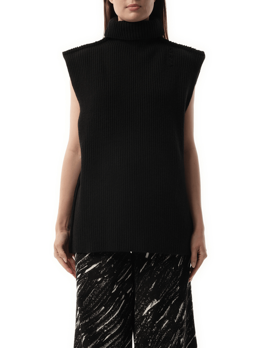 Image of a model wearing Outerwear. Productname: MARNI Sleeveless Turtleneck Sweater in Black colour by brand - MARNI