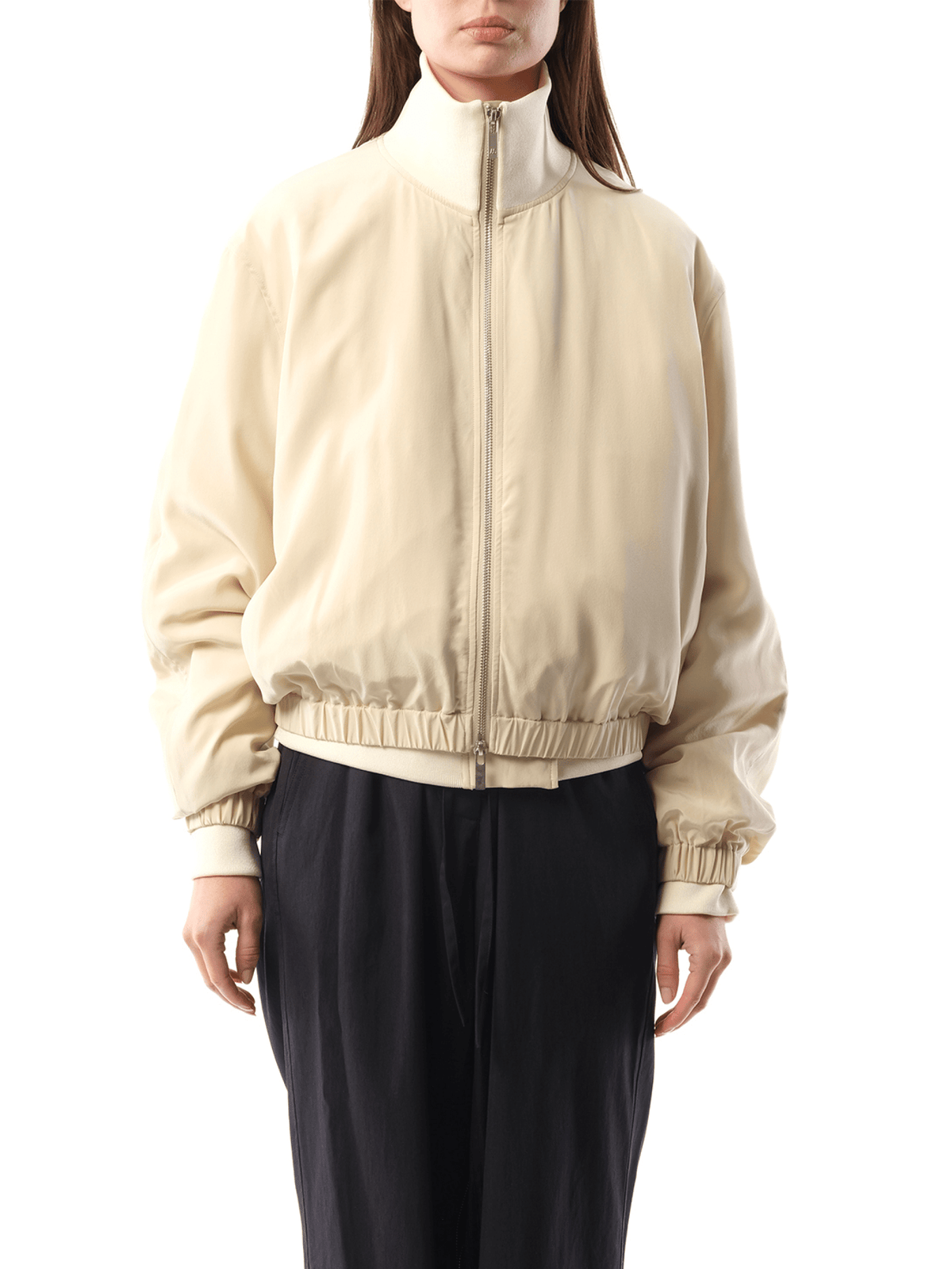 Image of Coats & Jackets. Product name - Silk Zip Bomber Jacket in Brown colour by brand - HELMUT LANG