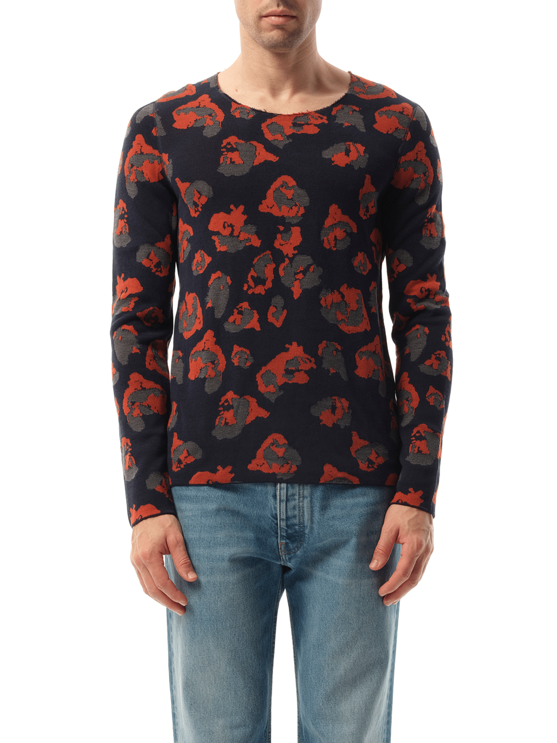 Image of a model wearing Outerwear. Productname: LANVIN Leopard Jacq Raw Sweatshirter in NAVY colour by brand - LANVIN