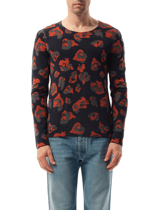 Image of a model wearing Outerwear. Productname: LANVIN Leopard Jacq Raw Sweatshirter in NAVY colour by brand - LANVIN