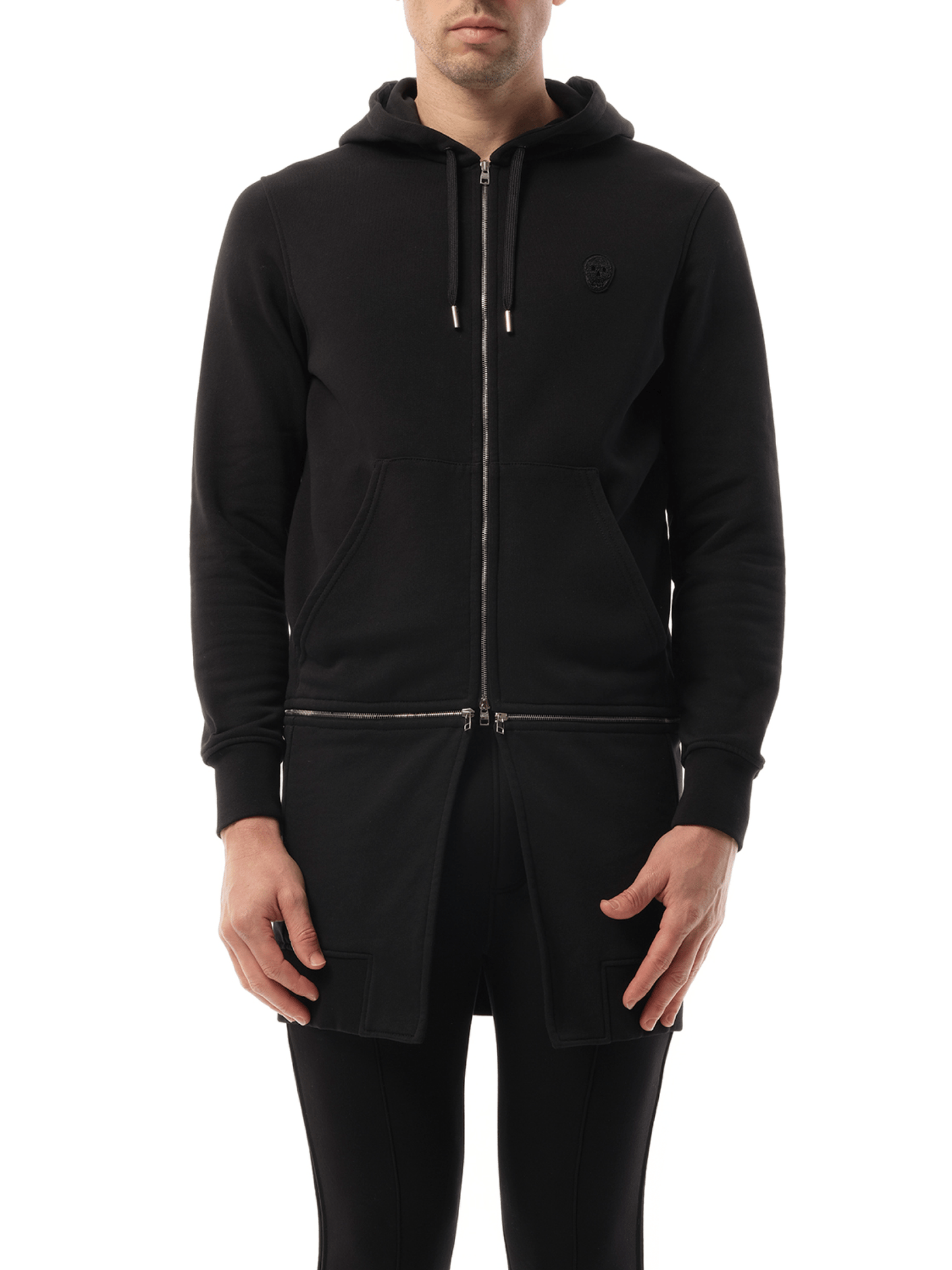 Image of a model wearing Outerwear. Productname: ALEXANDER MCQUEEN Zip Hoodie Black in BLACK colour by brand - ALEXANDER MCQUEEN