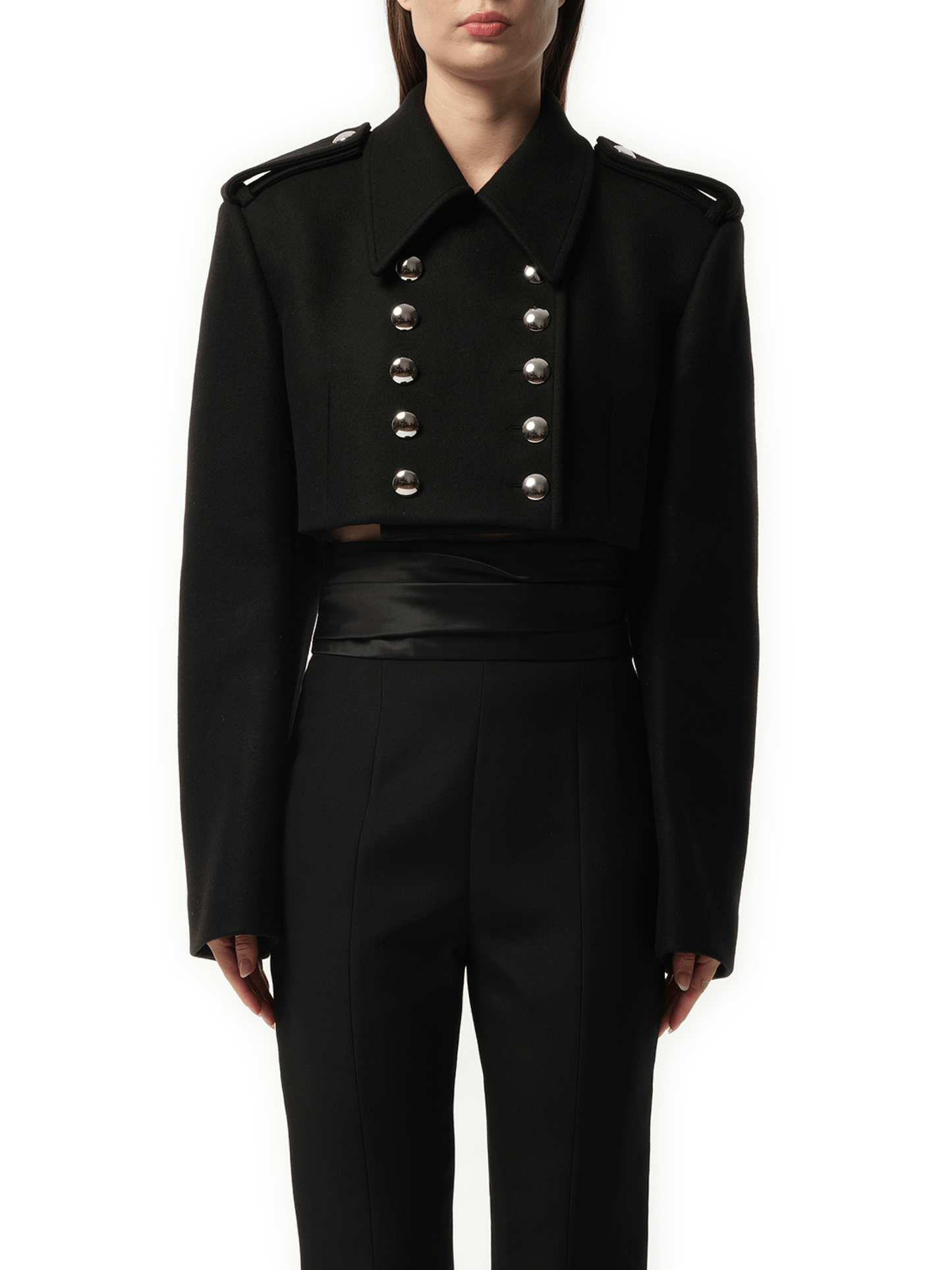 Image of a model wearing Outerwear. Productname: KHAITE Leara Jacket in Black colour by brand - KHAITE