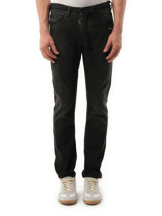 Image of a model wearing Denim. Productname: OFF-WHITE Slim Back Dart Jeans in GREY colour by brand - OFF-WHITE