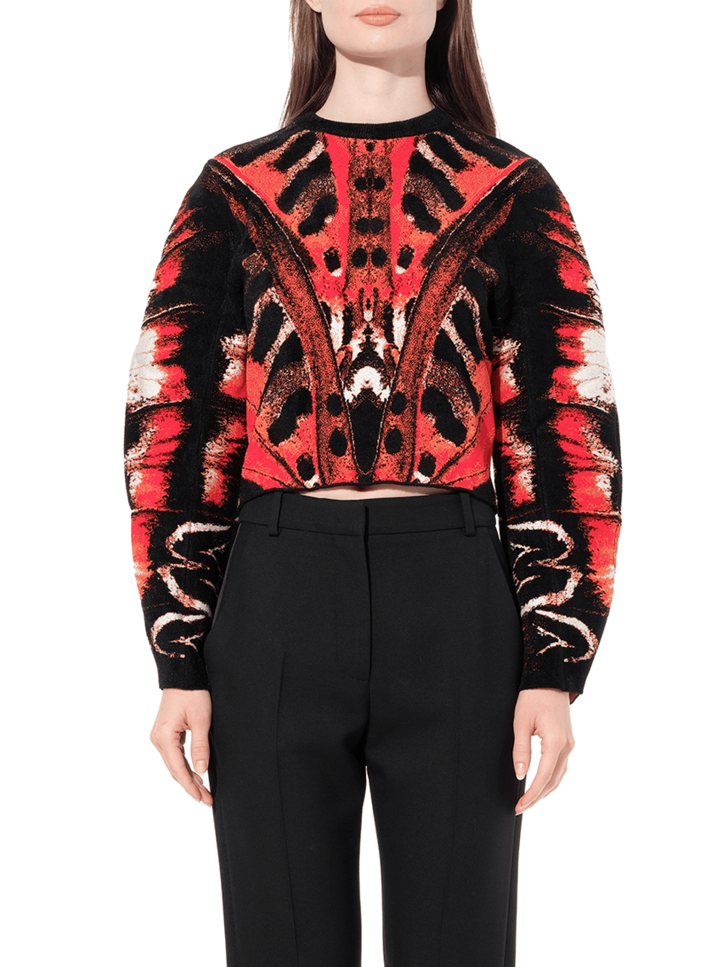 Image of a model wearing Outerwear. Productname: ALEXANDER MCQUEEN Butterfly Jacquard Knitwear in Red colour by brand - ALEXANDER MCQUEEN