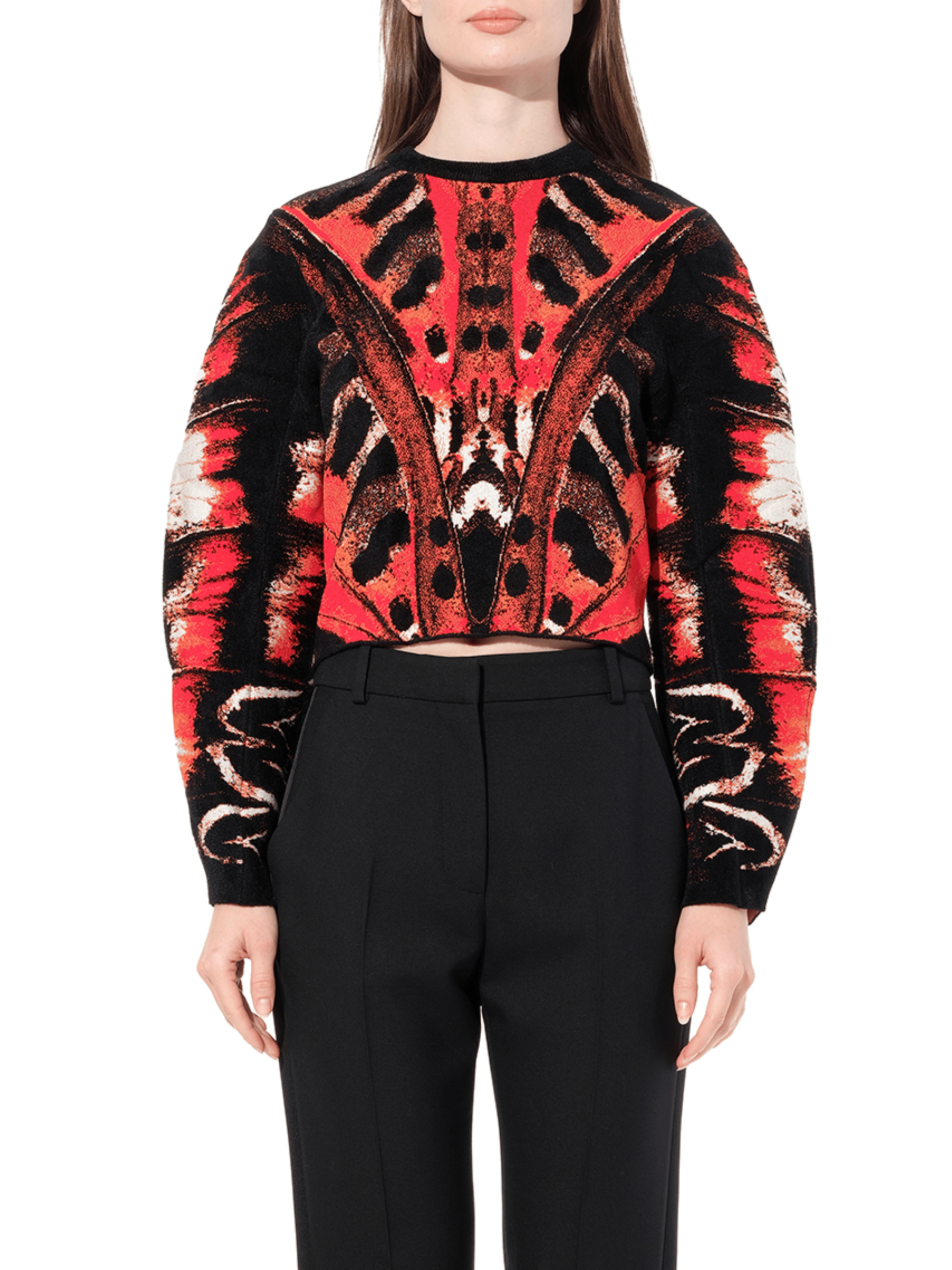 Image of a model wearing Outerwear. Productname: ALEXANDER MCQUEEN Butterfly Jacquard Knitwear in Red colour by brand - ALEXANDER MCQUEEN