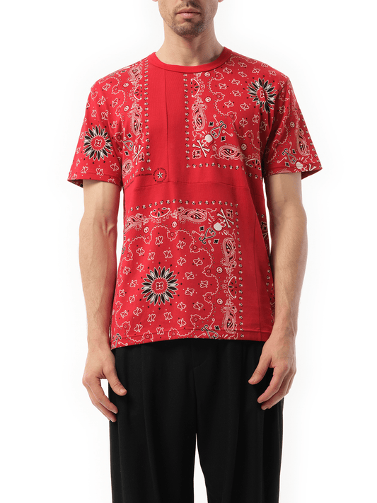 Image of a model wearing Tops. Productname: MASTERMIND Bandana Logo T-Shirt in RED colour by brand - MASTERMIND