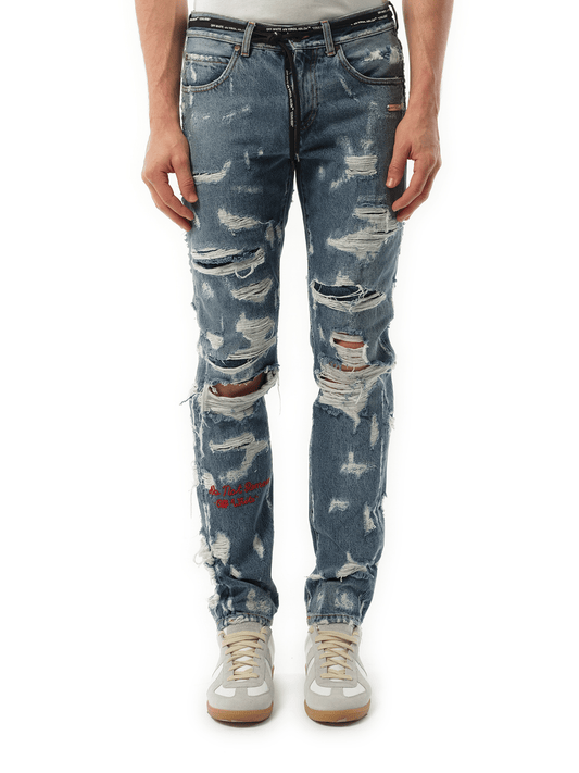 Image of a model wearing Denim. Productname: OFF-WHITE Slim Back Dart Jeans in BLUE colour by brand - OFF-WHITE