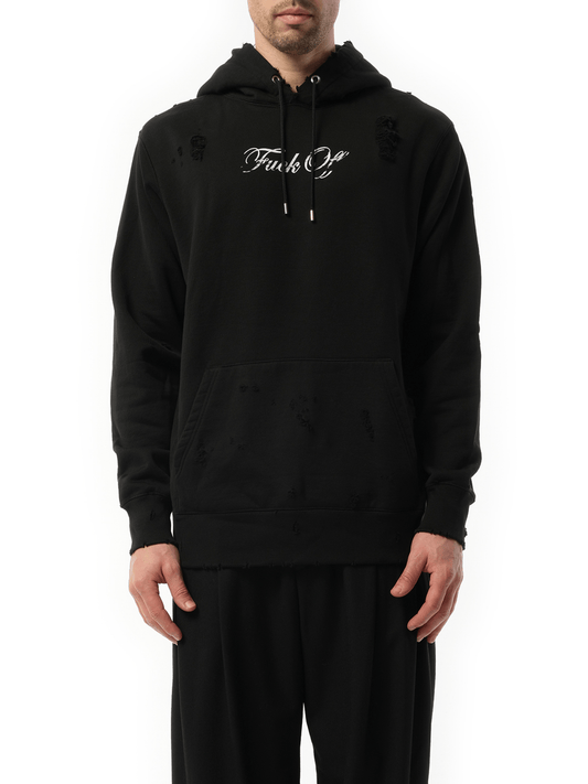 Image of a model wearing Outerwear. Product name - Hoodie in Black colour by brand - MASTERMIND