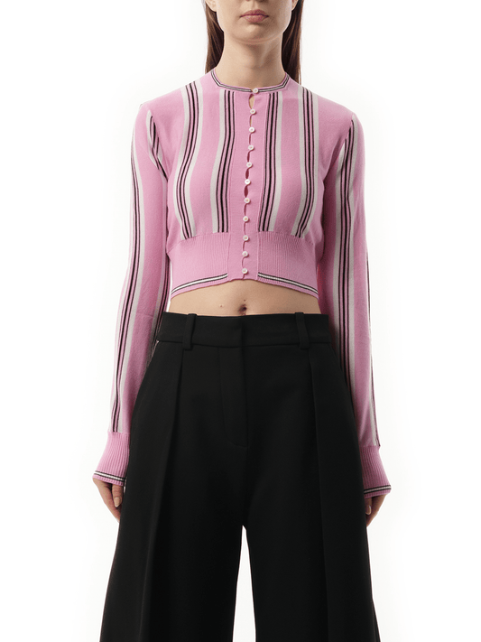 Image of a model wearing Outerwear. Productname: JACQUEMUS Le Cardigan Spiaggia in Pink Multicolour colour by brand - JACQUEMUS