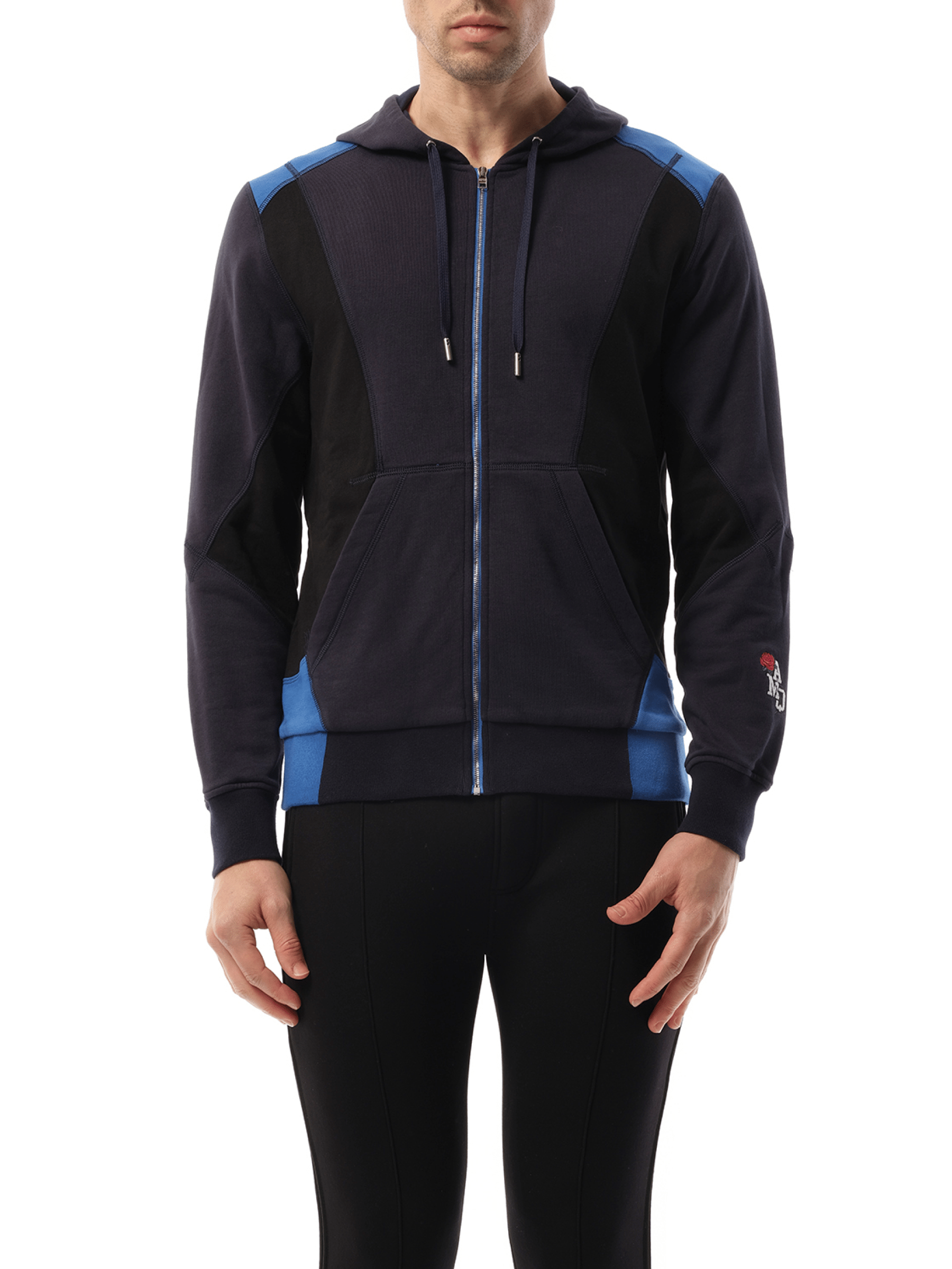 Image of a model wearing Outerwear. Productname: ALEXANDER MCQUEEN Patchwork Hoodie in NAVY colour by brand - ALEXANDER MCQUEEN