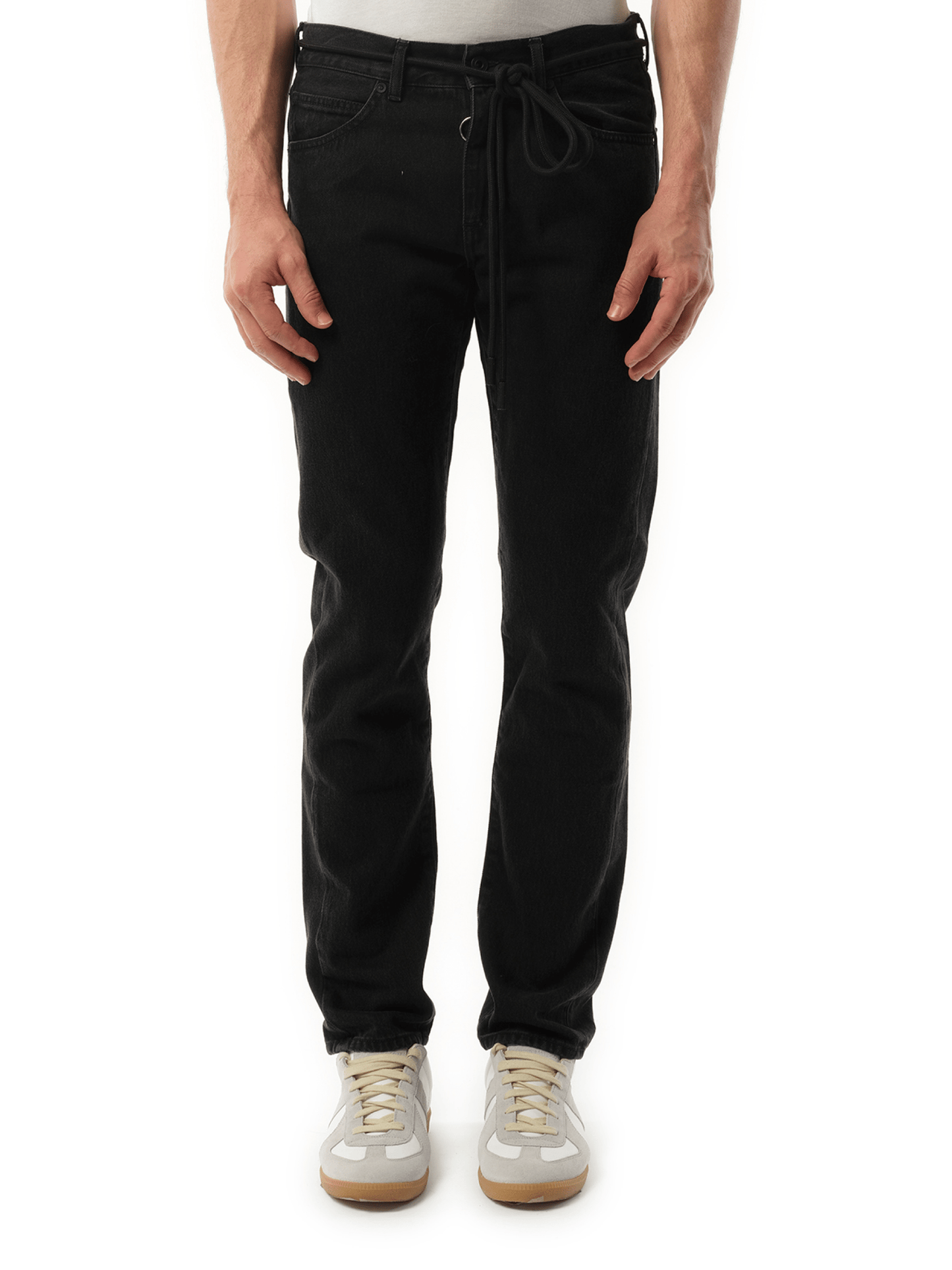 Image of a model wearing Denim. Productname: OFF-WHITE E.M Slim Jeans in BLACK colour by brand - OFF-WHITE
