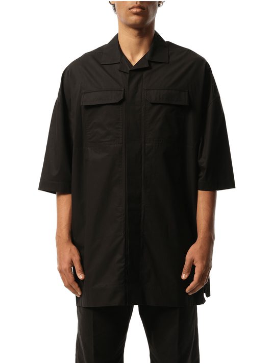 Image of a model wearing Tops. Productname: RICK OWENS Magnum Tommy Short Sleeve Shirt in BLACK colour by brand - RICK OWENS