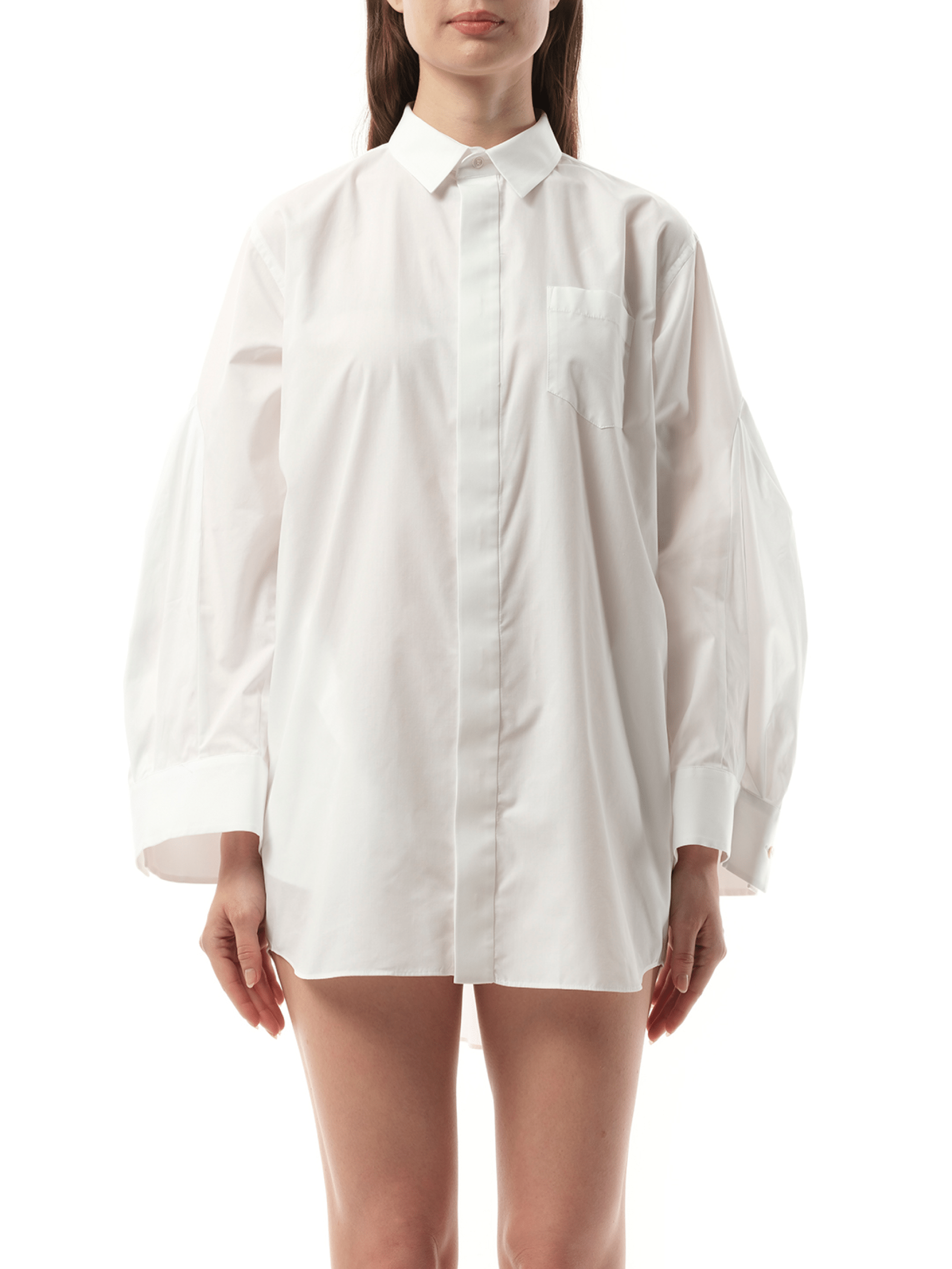 Image of a model wearing Dress. Productname: SACAI Balloon Sleeve Shirt Dress in Off White colour by brand - SACAI