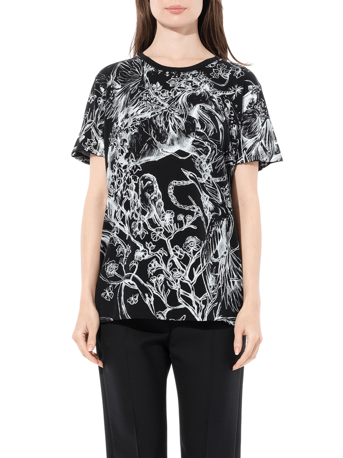 Image of a model wearing Tops. Productname: ALEXANDER MCQUEEN Unicorn Dreams T-Shirt in Black White colour by brand - ALEXANDER MCQUEEN