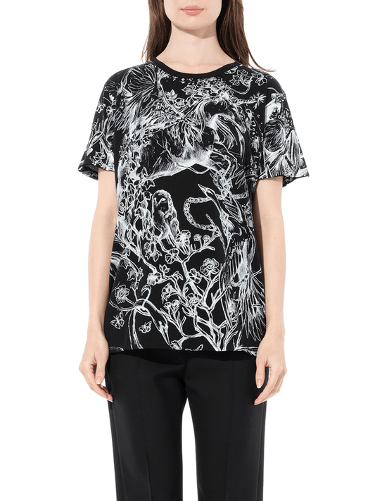 Image of a model wearing Tops. Productname: ALEXANDER MCQUEEN Unicorn Dreams T-Shirt in Black White colour by brand - ALEXANDER MCQUEEN