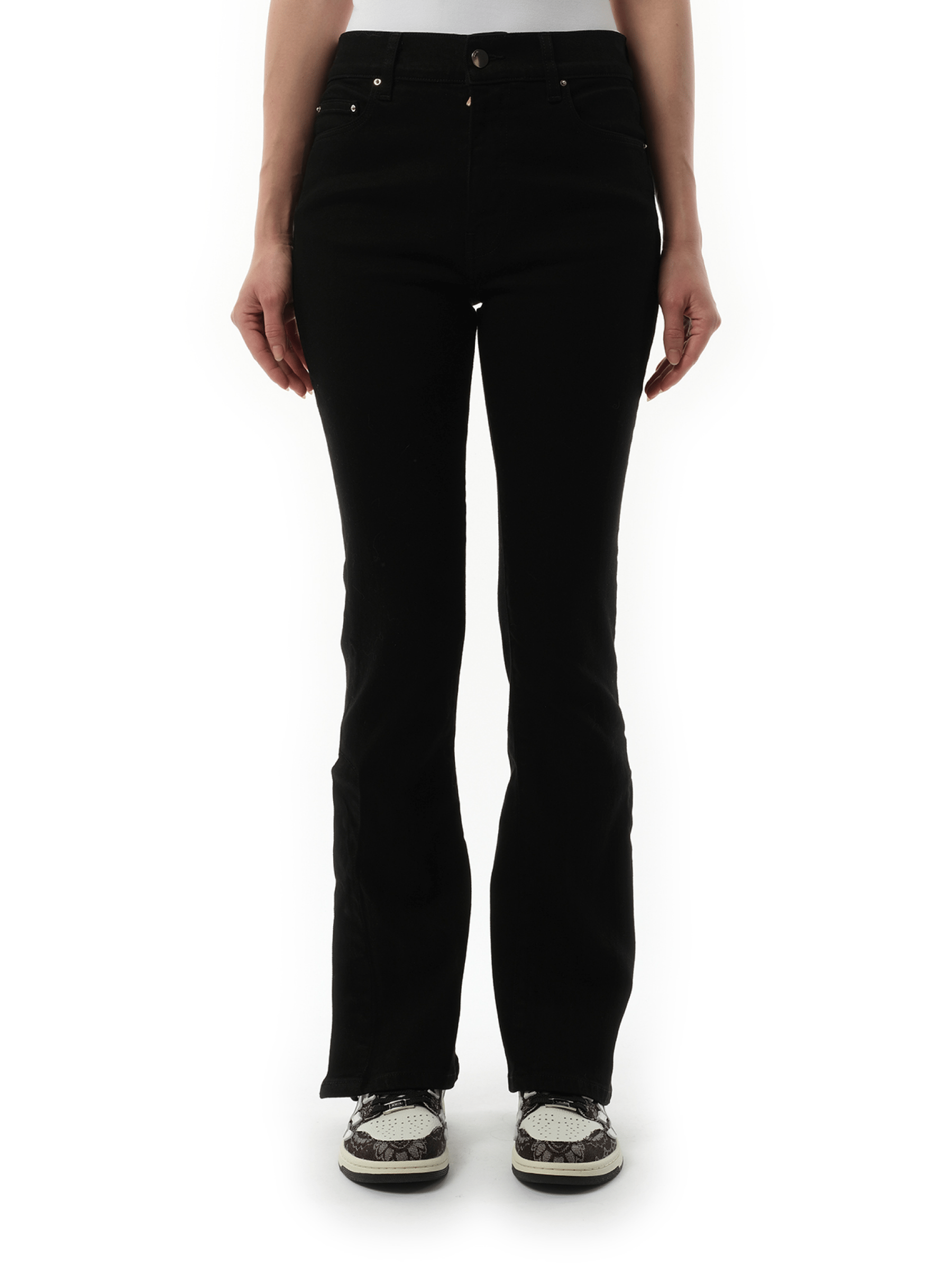 Image of a model wearing Denim. Productname: AMIRI Kick Flare Jeans in Black OD colour by brand - AMIRI