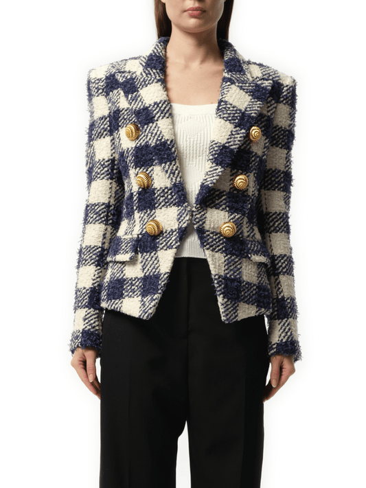 Image of a model wearing Outerwear. Productname: BALMAIN 6 Button Tweed Jacket in Marine White colour by brand - BALMAIN