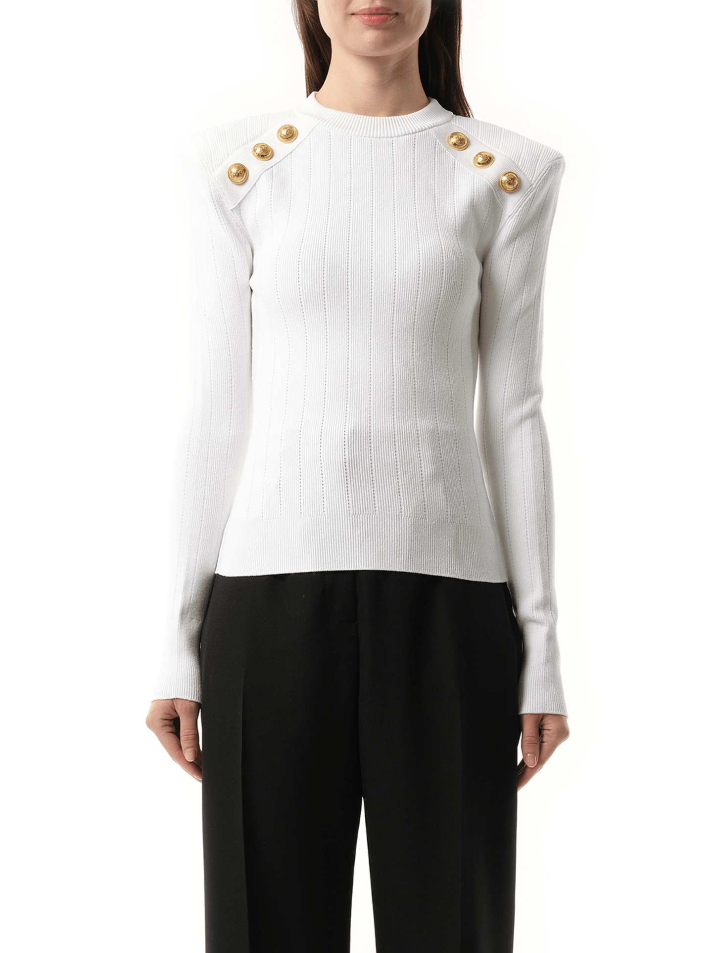 Image of a model wearing Outerwear. Productname: BALMAIN 6 BTN Knit Pullover in White colour by brand - BALMAIN