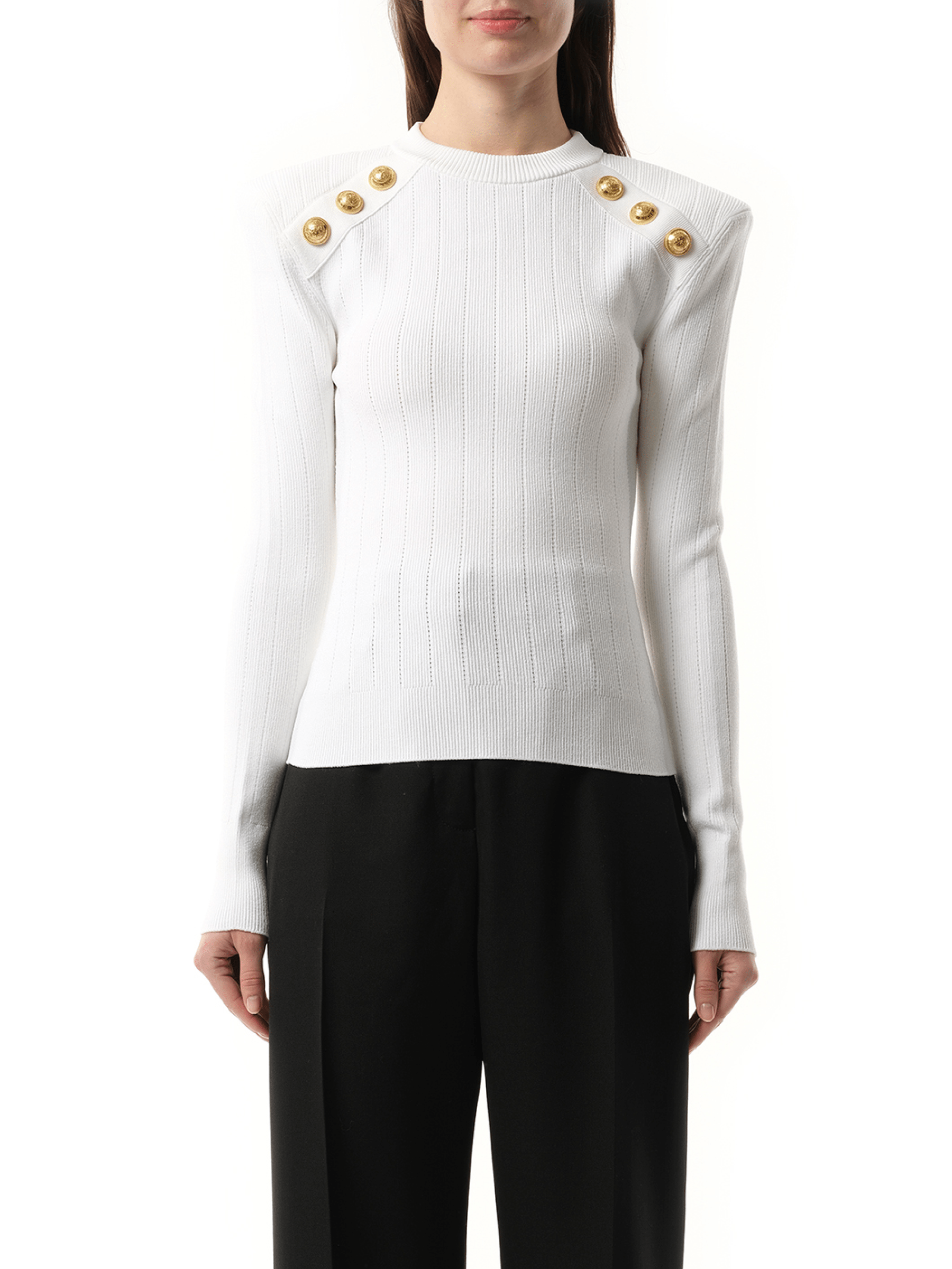 Image of a model wearing Outerwear. Productname: BALMAIN 6 BTN Knit Pullover in White colour by brand - BALMAIN