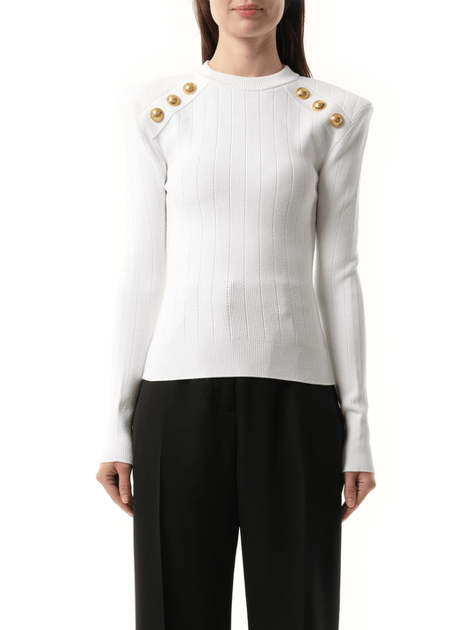 Image of a model wearing Outerwear. Productname: BALMAIN 6 BTN Knit Pullover in White colour by brand - BALMAIN